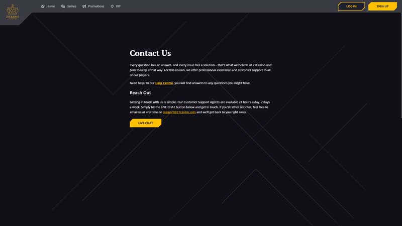 21-casino support screenshot