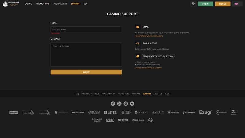 anonymous-casino support screenshot