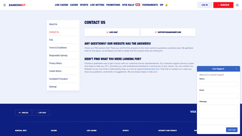 bankonbet support screenshot