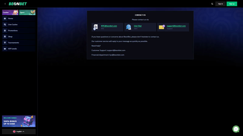 beonbet support screenshot