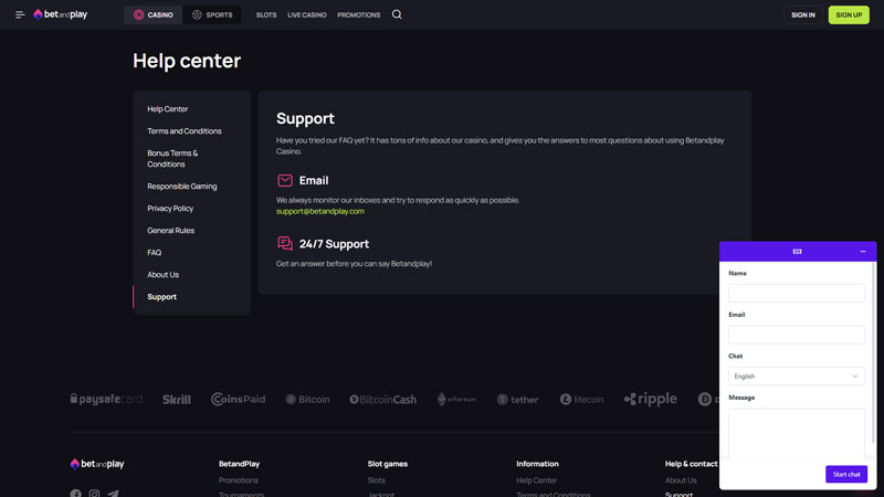 betandplay support screenshot