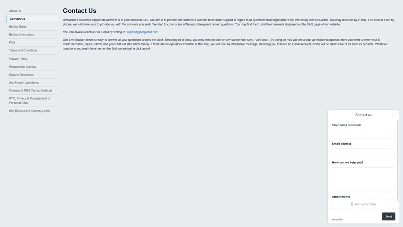 betglobal support screenshot