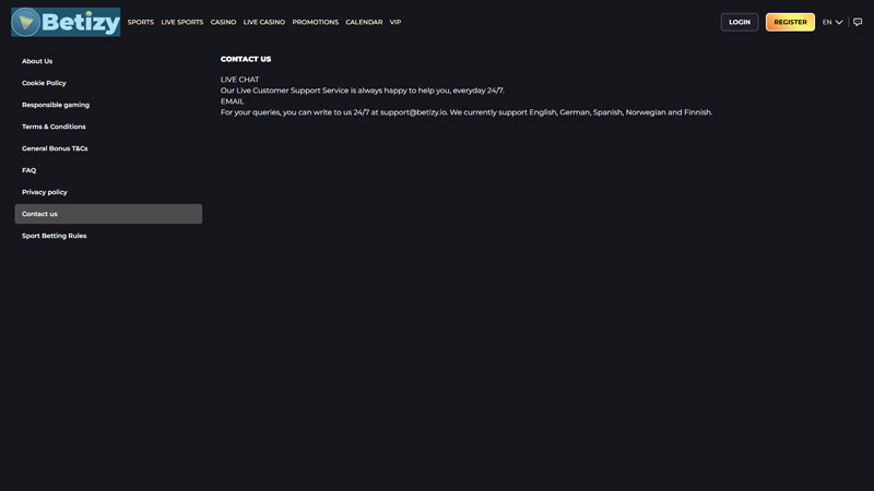 betizy support screenshot