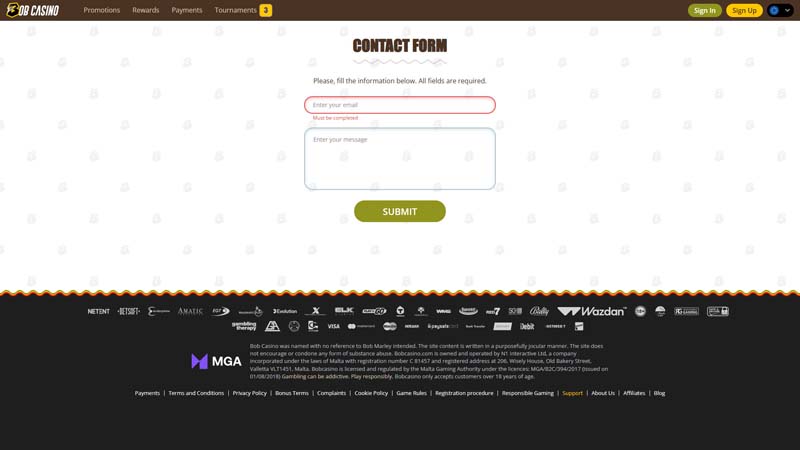 bob-casino support screenshot