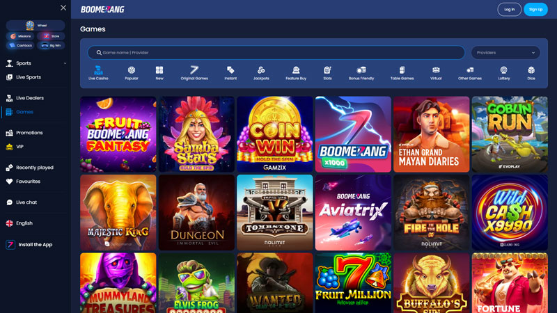 boomerangbet lobby screenshot