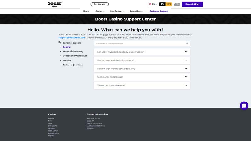 boost-casino support screenshot