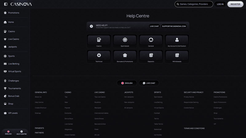 casinova support screenshot