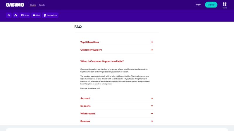 casumo support screenshot