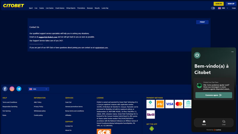 citobet support screenshot