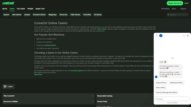 comeon-casino support screenshot