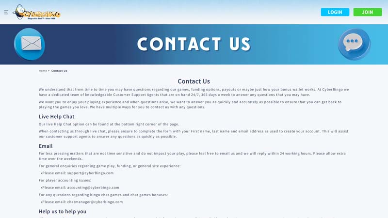 cyberbingo-casino support screenshot