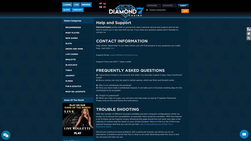 diamond7-casino support screenshot