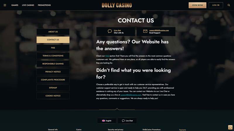 dollycasino support screenshot