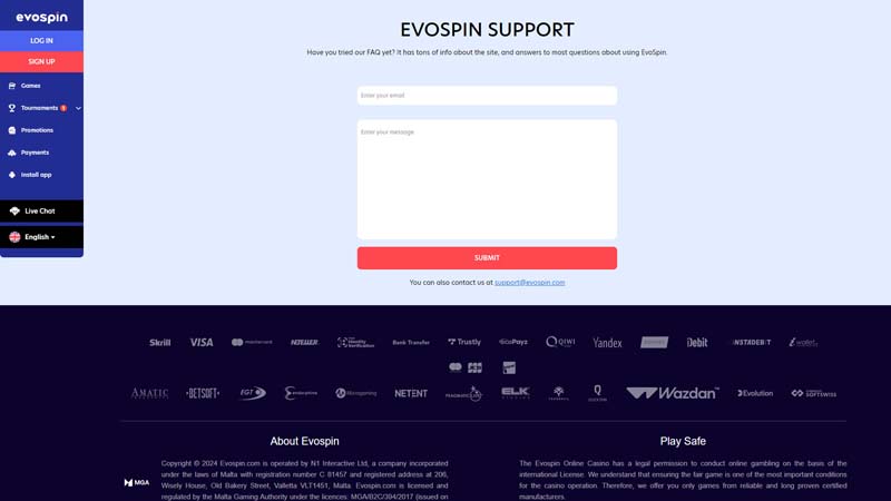 evospin support screenshot