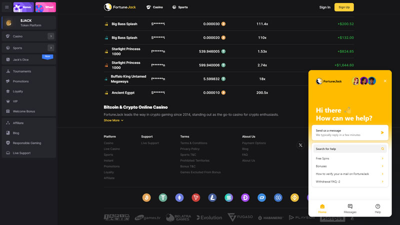 fortunejack support screenshot