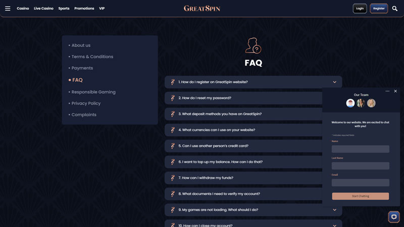 greatspin support screenshot