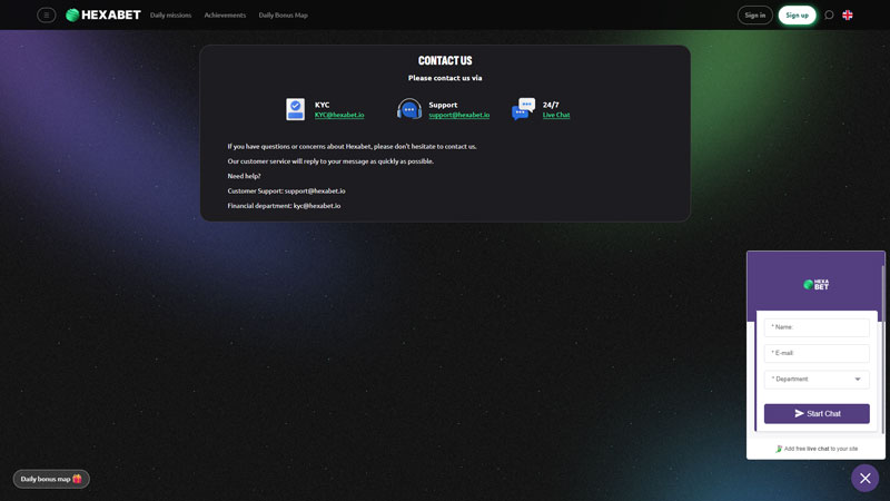 hexabet support screenshot