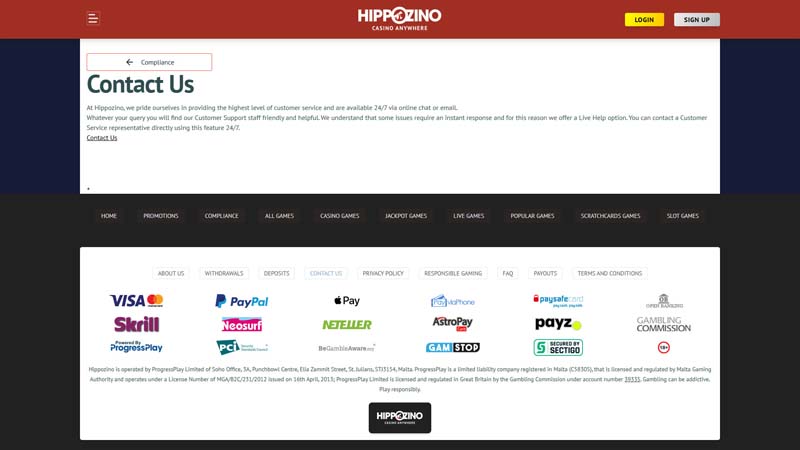 hippozino-casino support screenshot