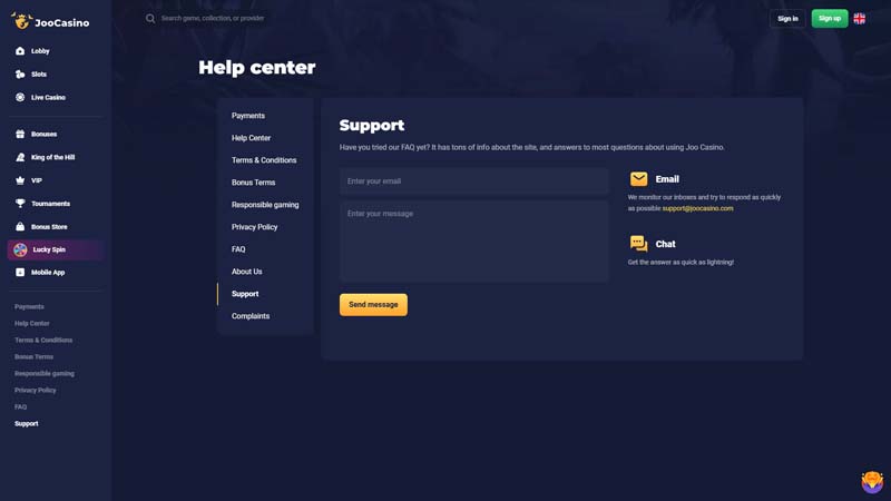 joo-casino support screenshot