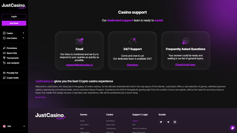 justcasino-io support screenshot