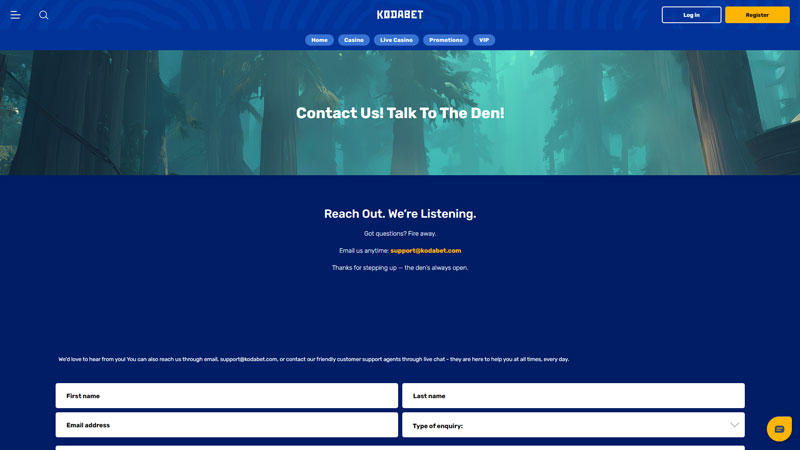 kodabet support screenshot