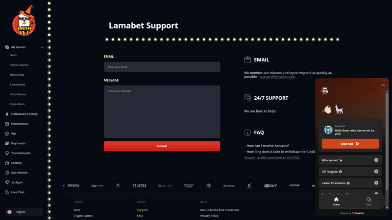 lamabet support screenshot