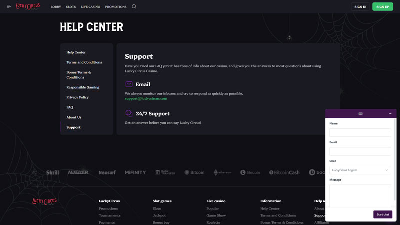 lucky-circus support screenshot