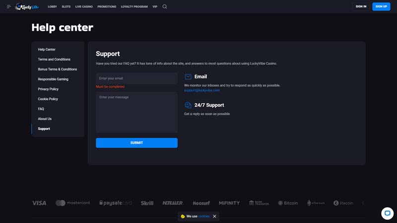 lucky-vibe support screenshot