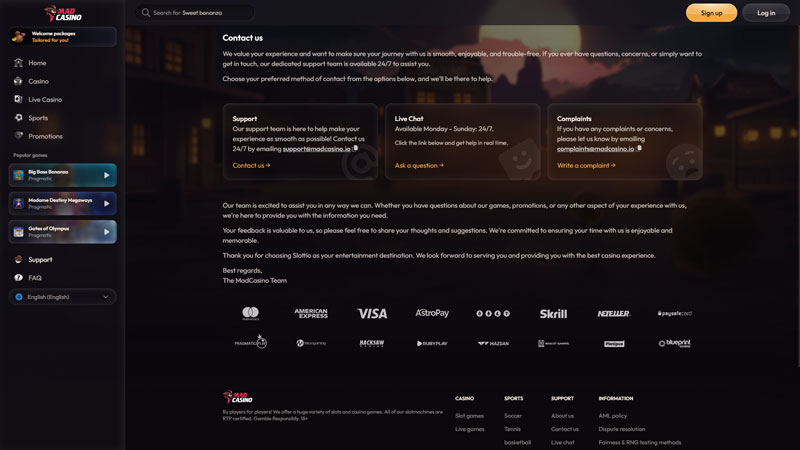madcasino support screenshot