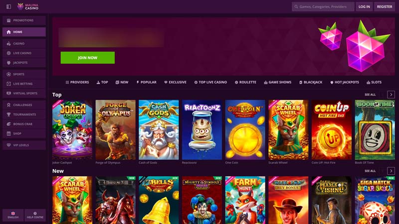 malina-casino lobby screenshot