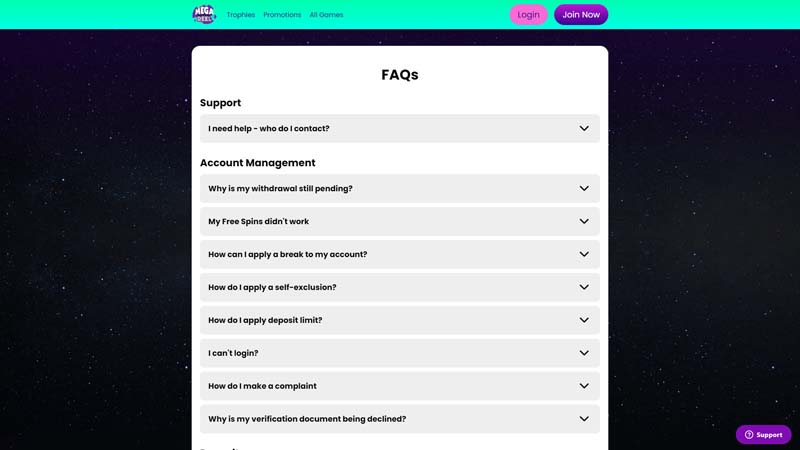 mega-reel-casino support screenshot