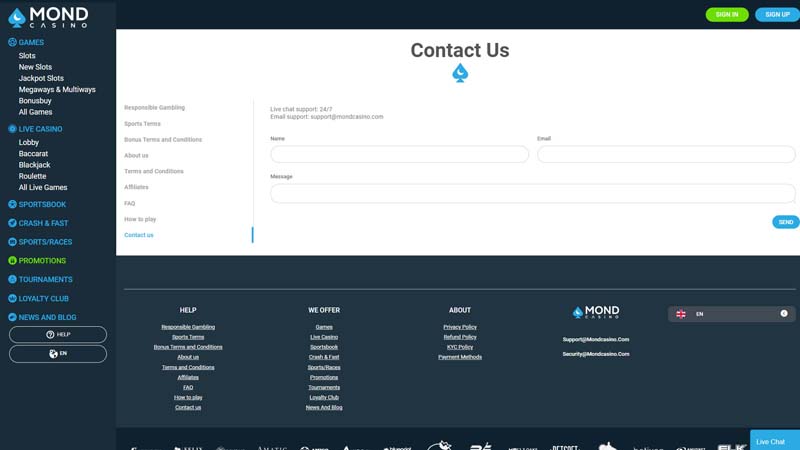 mond-casino support screenshot
