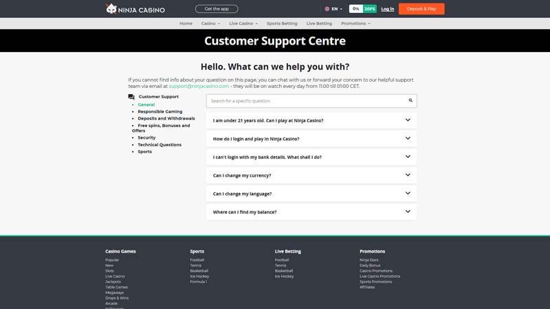 ninja-casino support screenshot