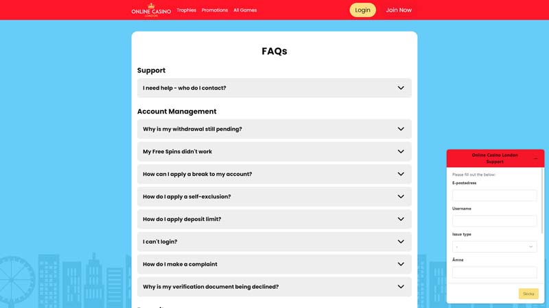 online-casino-london support screenshot