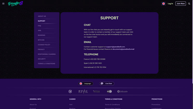 paradise-8 support screenshot