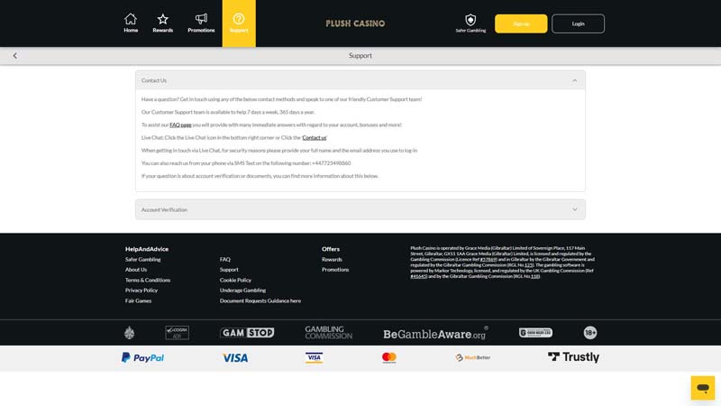 plush-casino support screenshot