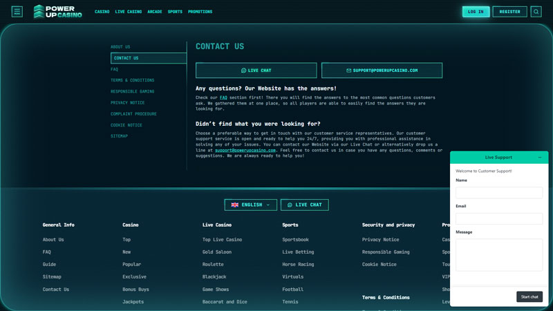 powerupcasino support screenshot