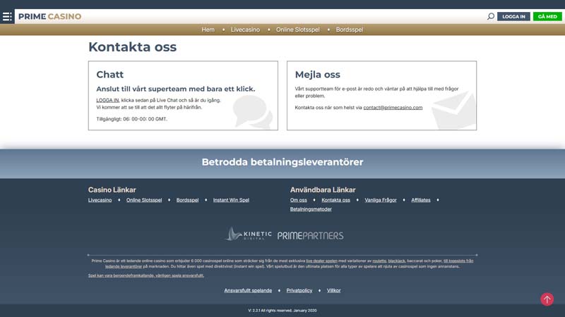 prime-casino support screenshot