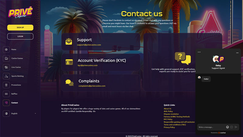 privecasino support screenshot