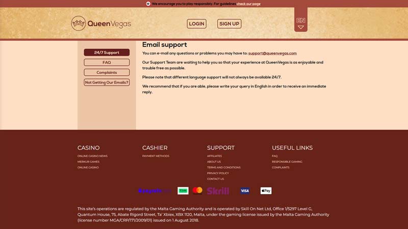 queen-vegas-casino support screenshot
