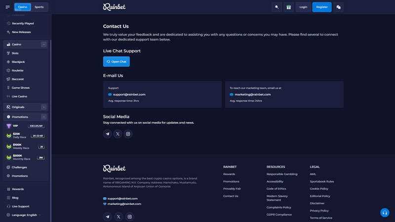 rainbet support screenshot