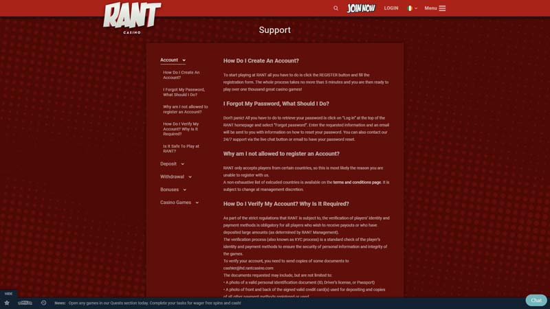 rant-casino support screenshot