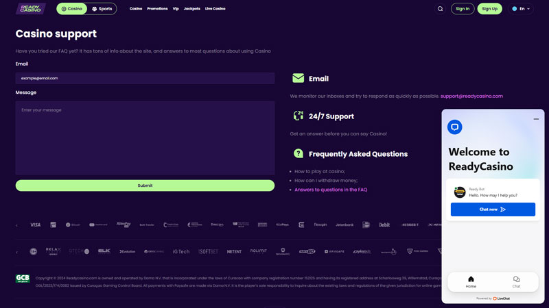 readycasino support screenshot