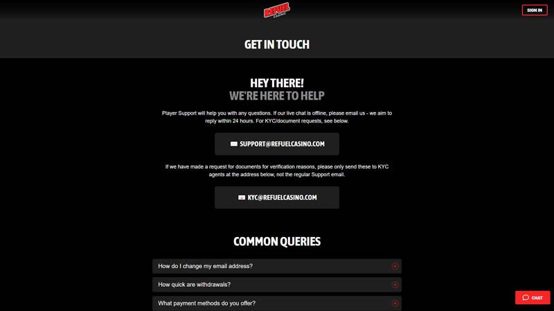 refuel-casino support screenshot