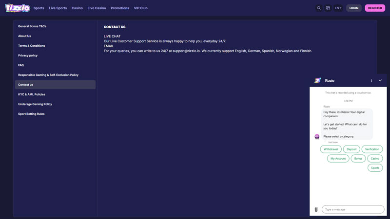 rizzio support screenshot