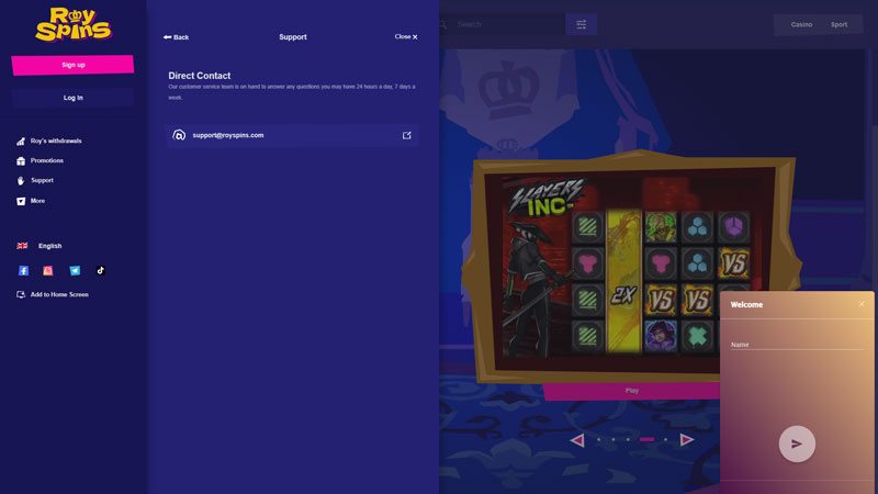 royspins support screenshot