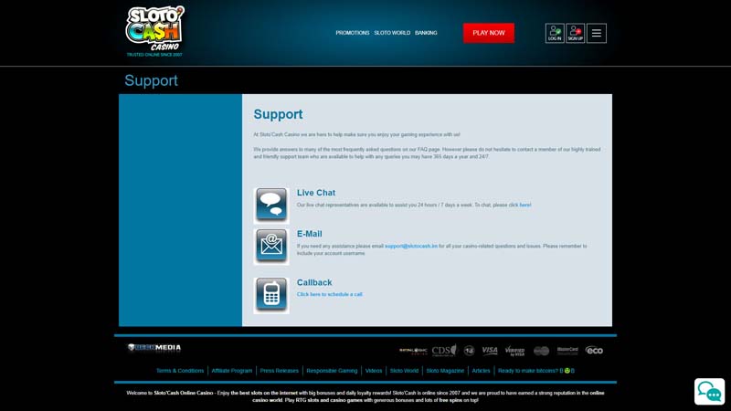 sloto-cash-casino support screenshot