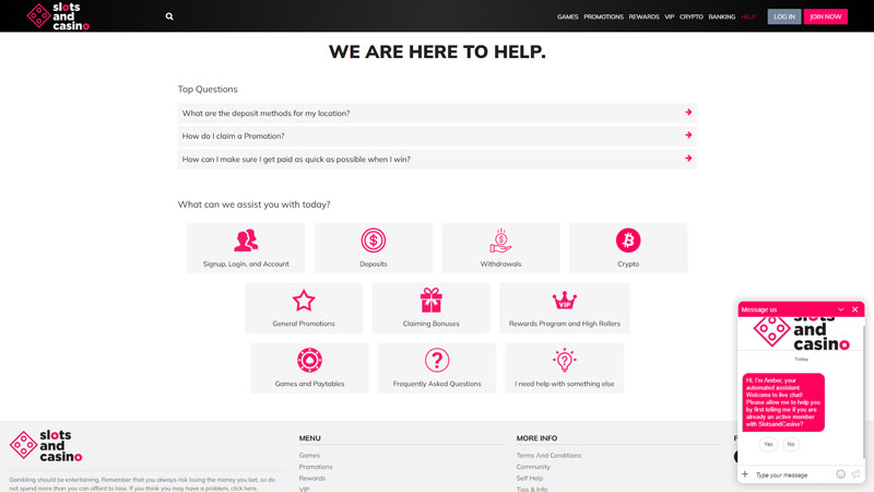 slotsandcasino support screenshot