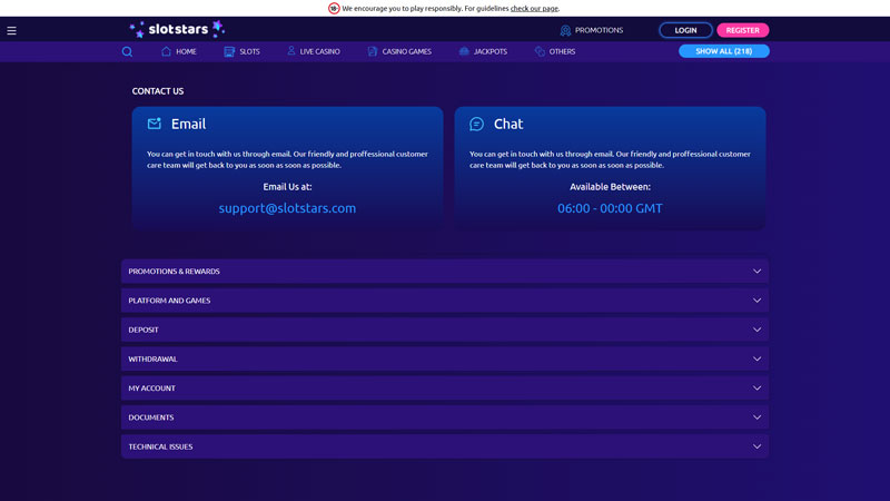 slotstars support screenshot