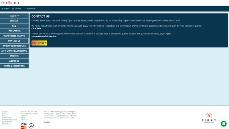 spinfinity support screenshot